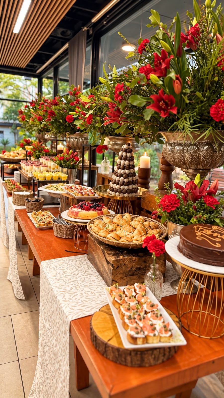 Buffet de salados y dulces bajo arreglos de flores rojas